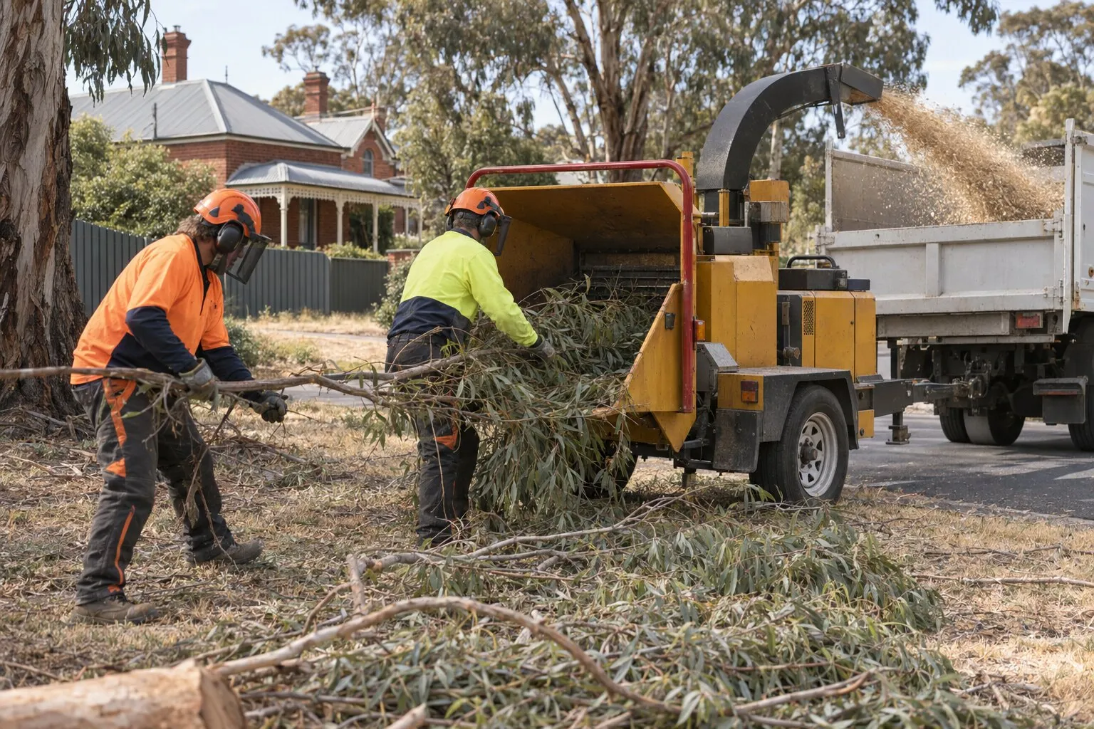 Tree removal, Bendigo: two tree workers feeding cut eucalyptus branches into a wood chipper on a street verge